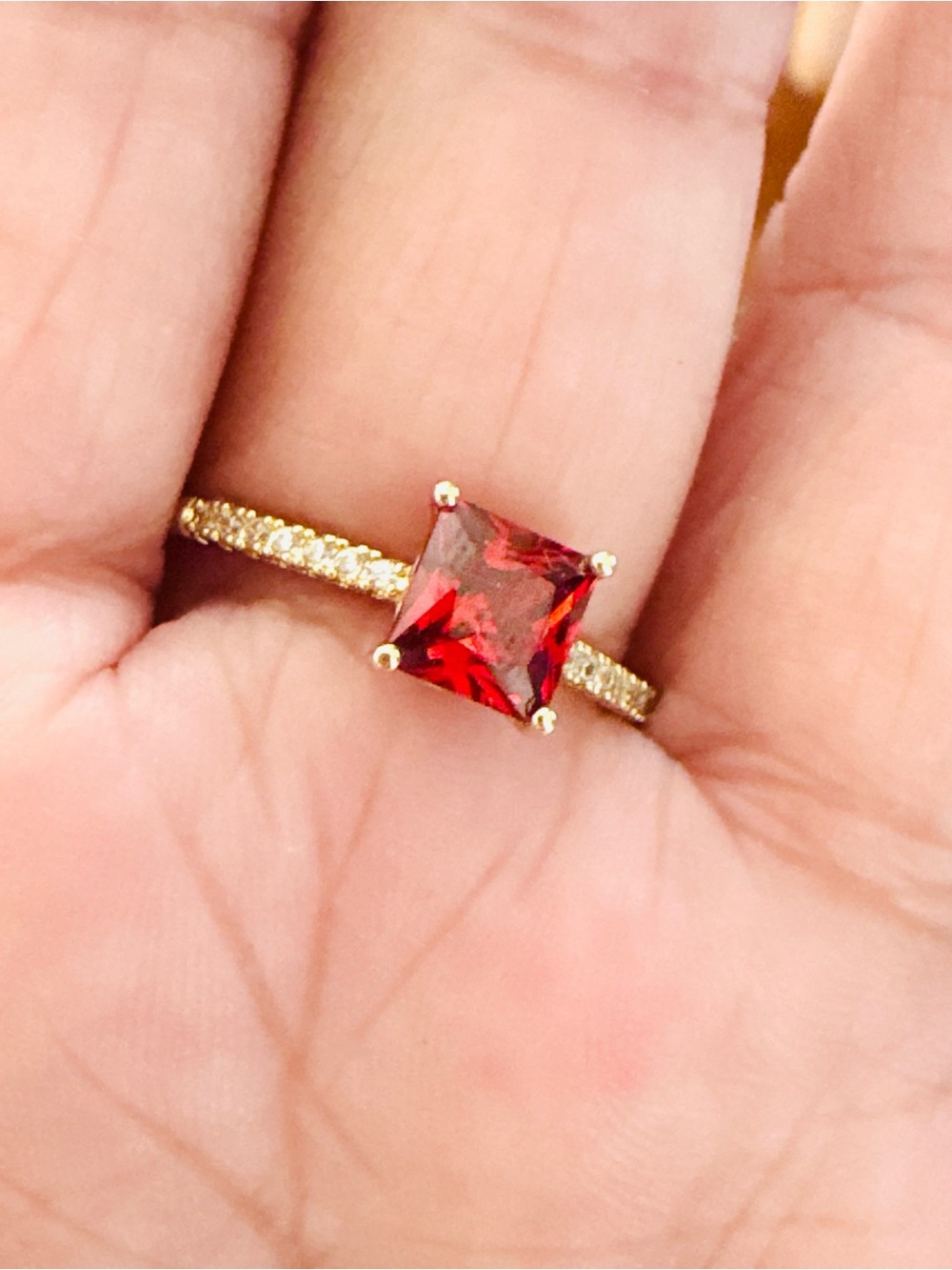 Elegant 18K Gold-Plated Ring with Red Square Gemstone. Size 9. New
